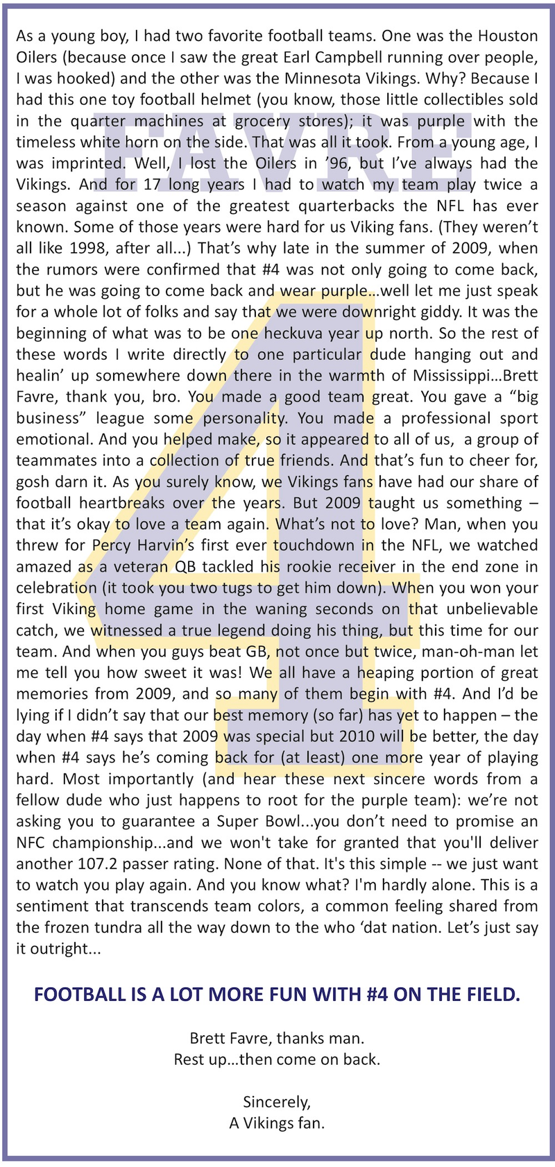 Illustration for article titled Dissecting The Favre Ad, And The Fan Who Placed It